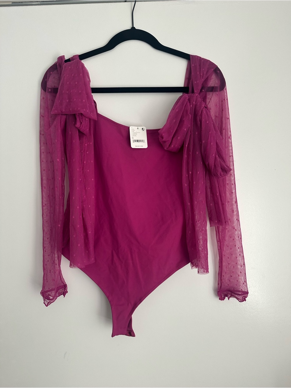Free People Fuchsia Mesh-Sleeve Bodysuit, Medium